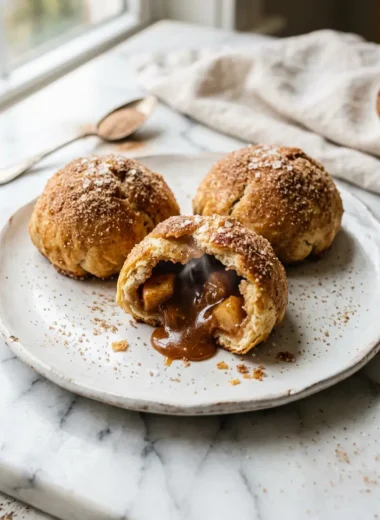 Warm caramel apple pie bombs with gooey filling on white plate
