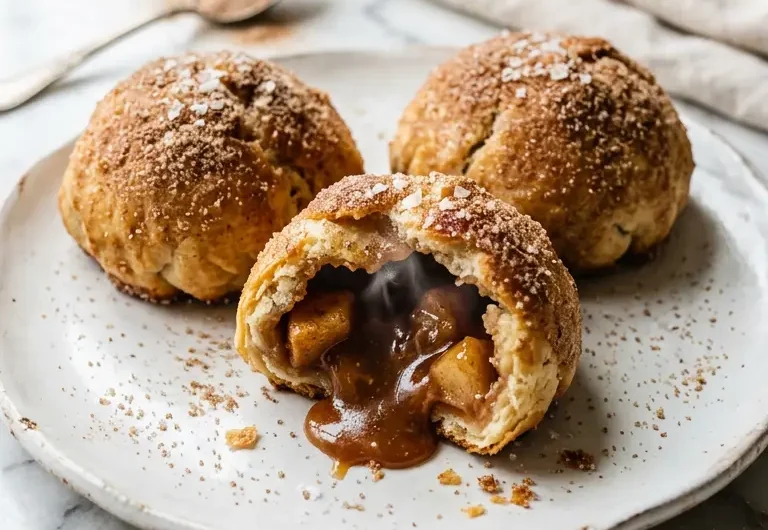 Warm caramel apple pie bombs with gooey filling on white plate