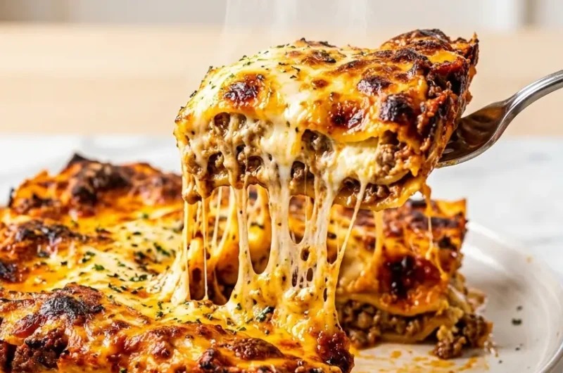 Pinterest pin image for carnivore lasagna showing cheesy layered slice being lifted from plate
