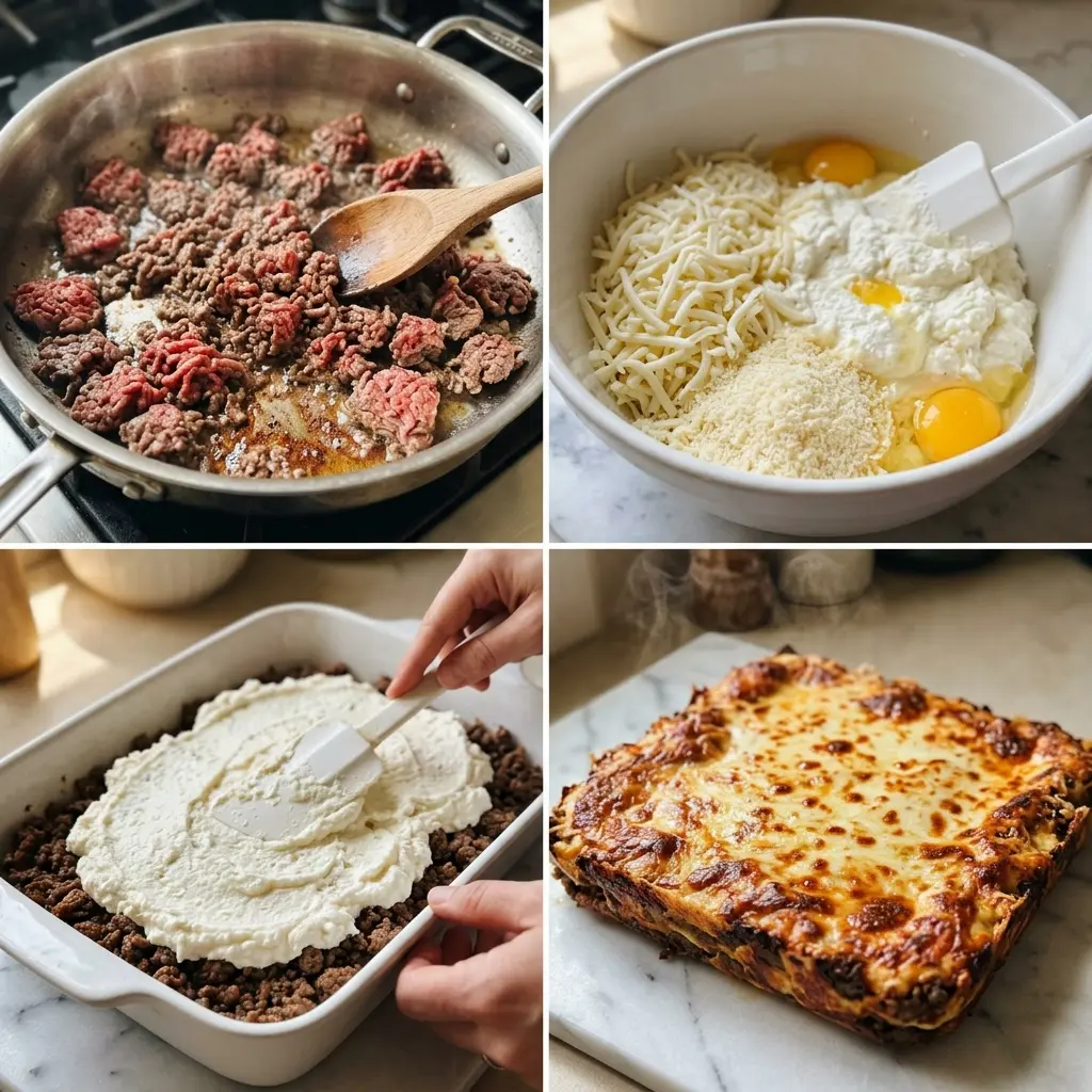 4-step cooking process collage for carnivore lasagna showing browning beef, mixing cheese filling, layering, and finished bake