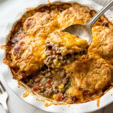 Cattle drive casserole in a white baking dish with golden biscuit topping and bubbling cheddar cheese