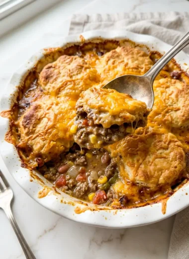 Cattle drive casserole in a white baking dish with golden biscuit topping and bubbling cheddar cheese