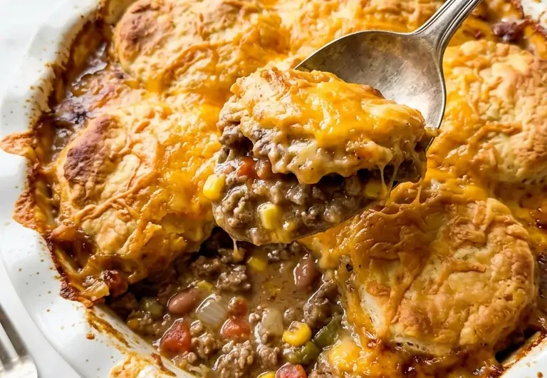 Cattle drive casserole in a white baking dish with golden biscuit topping and bubbling cheddar cheese