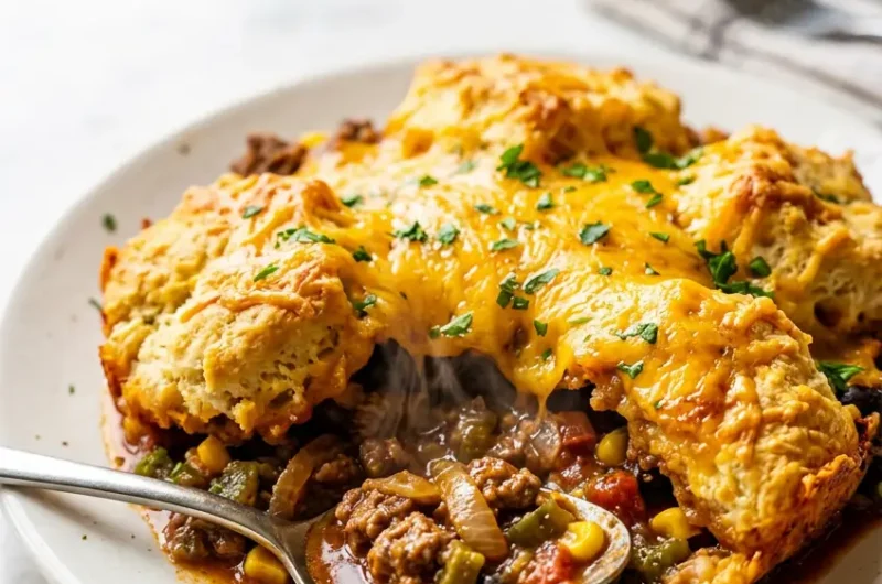 Pinterest pin image for cattle drive casserole showing close up of cheesy biscuit topped beef casserole