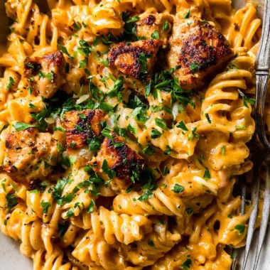 Close-up of Cheesy Cajun Garlic Chicken Rotini Skillet in a white ceramic bowl with creamy cheese sauce and fresh parsley.