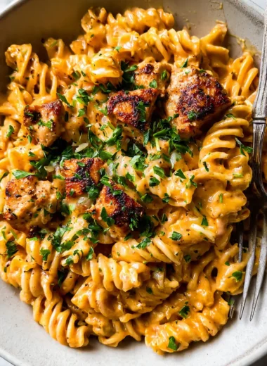 Close-up of Cheesy Cajun Garlic Chicken Rotini Skillet in a white ceramic bowl with creamy cheese sauce and fresh parsley.