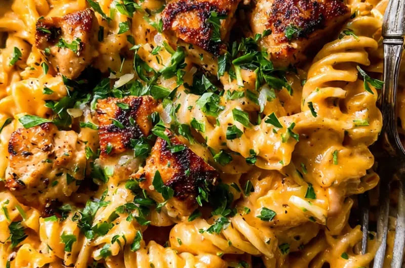 Close-up of Cheesy Cajun Garlic Chicken Rotini Skillet in a white ceramic bowl with creamy cheese sauce and fresh parsley.