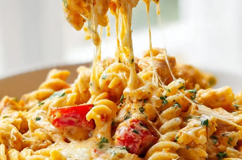 Extreme close-up vertical shot of Cheesy Cajun Garlic Chicken Rotini Skillet showing creamy Cajun cheese sauce coating rotini spirals with a fork lift.