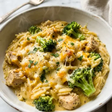 Creamy Cheesy Chicken Broccoli Orzo in white bowl with melted cheese coating pasta