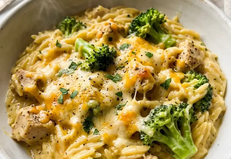 Creamy Cheesy Chicken Broccoli Orzo in white bowl with melted cheese coating pasta