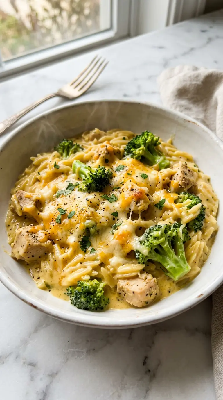 Creamy Cheesy Chicken Broccoli Orzo in white bowl with melted cheese coating pasta