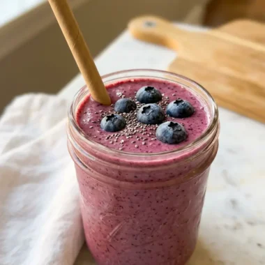 Thick creamy chia seed smoothie in a mason jar topped with fresh blueberries and chia seeds on white marble