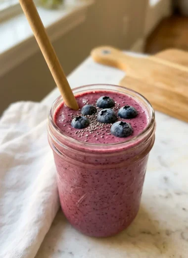 Thick creamy chia seed smoothie in a mason jar topped with fresh blueberries and chia seeds on white marble