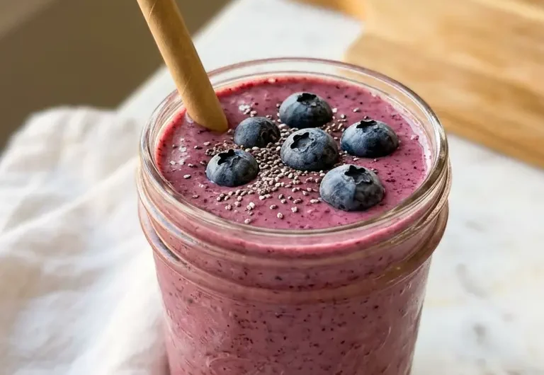 Thick creamy chia seed smoothie in a mason jar topped with fresh blueberries and chia seeds on white marble
