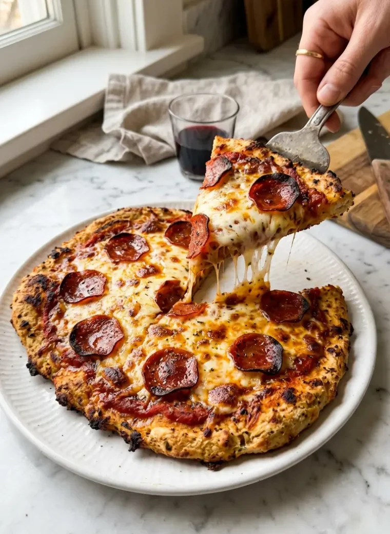Golden chicken crust pizza with bubbly mozzarella and crispy pepperoni on a white marble surface