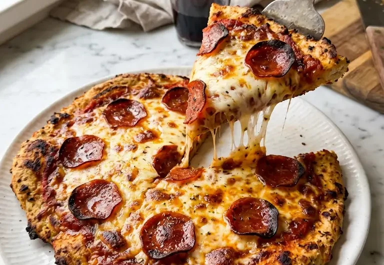 Golden chicken crust pizza with bubbly mozzarella and crispy pepperoni on a white marble surface