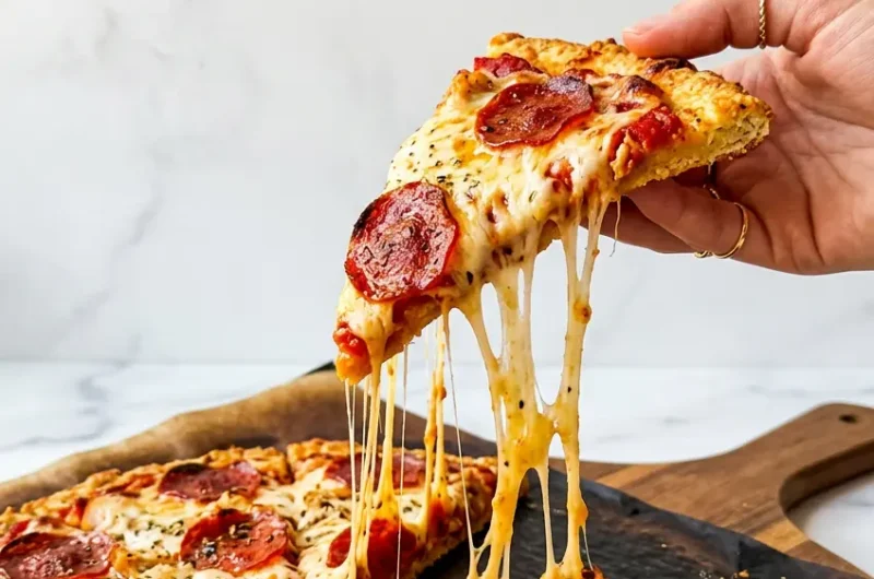 Pinterest pin image for chicken crust pizza recipe showing a slice being lifted with melted cheese stretching