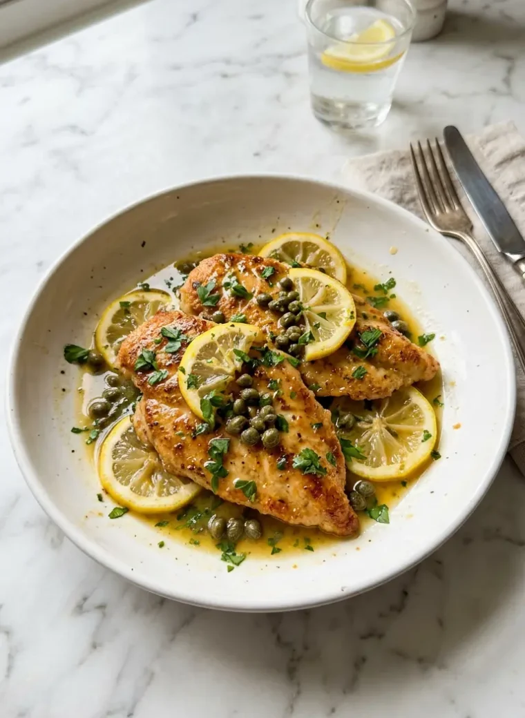Golden chicken piccata in lemon caper butter sauce served in a white ceramic pan on white marble