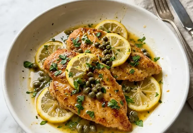 Golden chicken piccata in lemon caper butter sauce served in a white ceramic pan on white marble