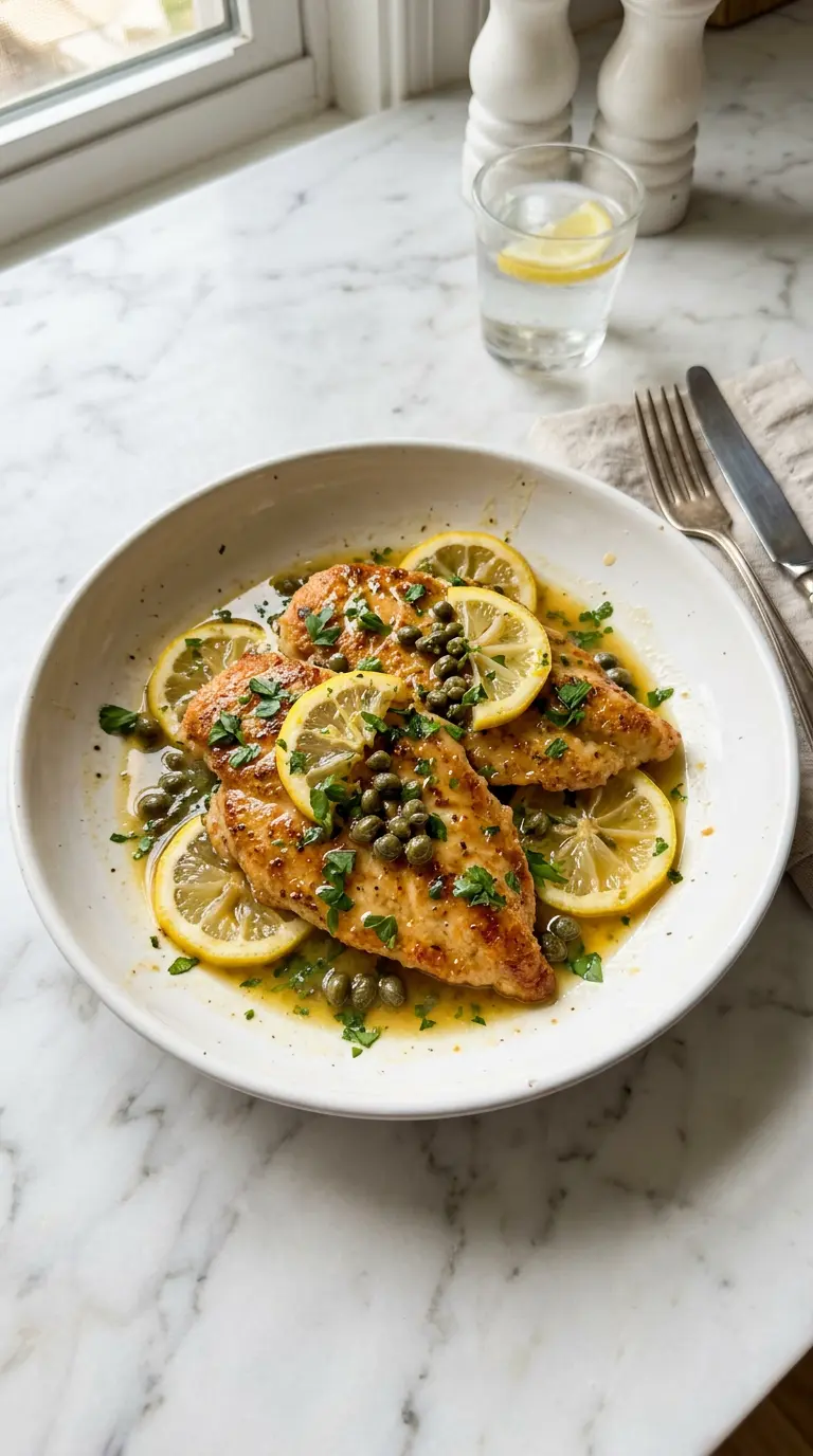 Golden chicken piccata in lemon caper butter sauce served in a white ceramic pan on white marble