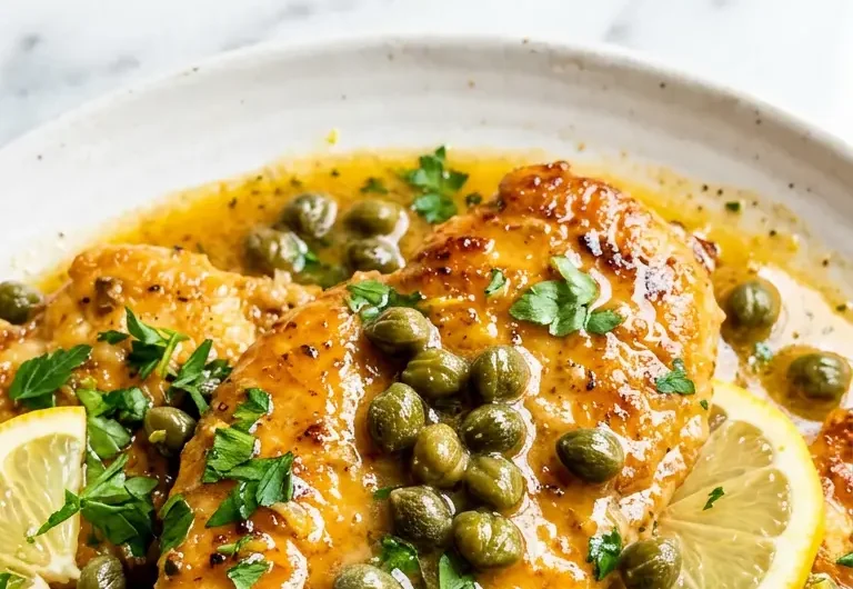Pinterest pin image for healthy chicken piccata recipe with lemon caper sauce