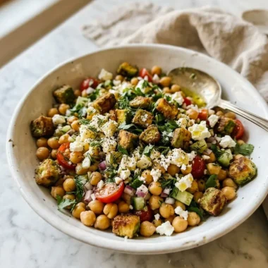 Overhead view of fresh chickpea feta avocado salad with diced vegetables and creamy avocado