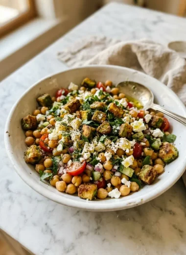 Overhead view of fresh chickpea feta avocado salad with diced vegetables and creamy avocado