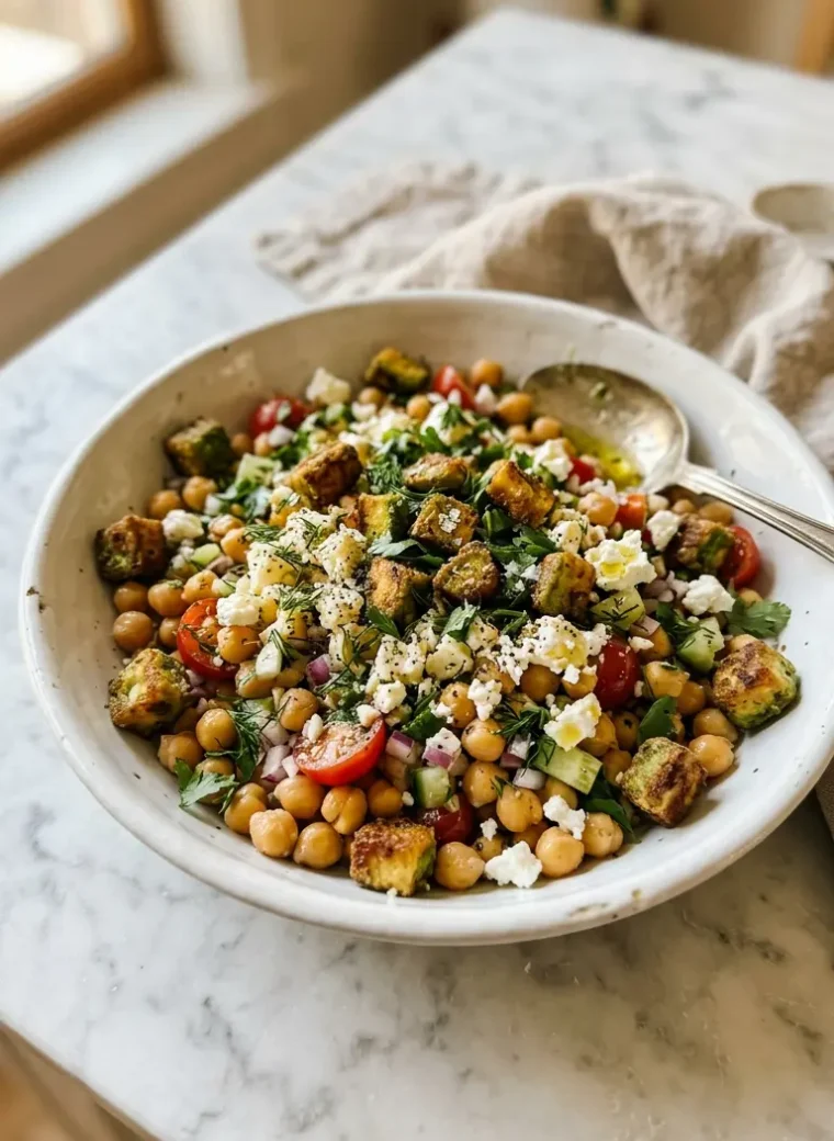 Overhead view of fresh chickpea feta avocado salad with diced vegetables and creamy avocado