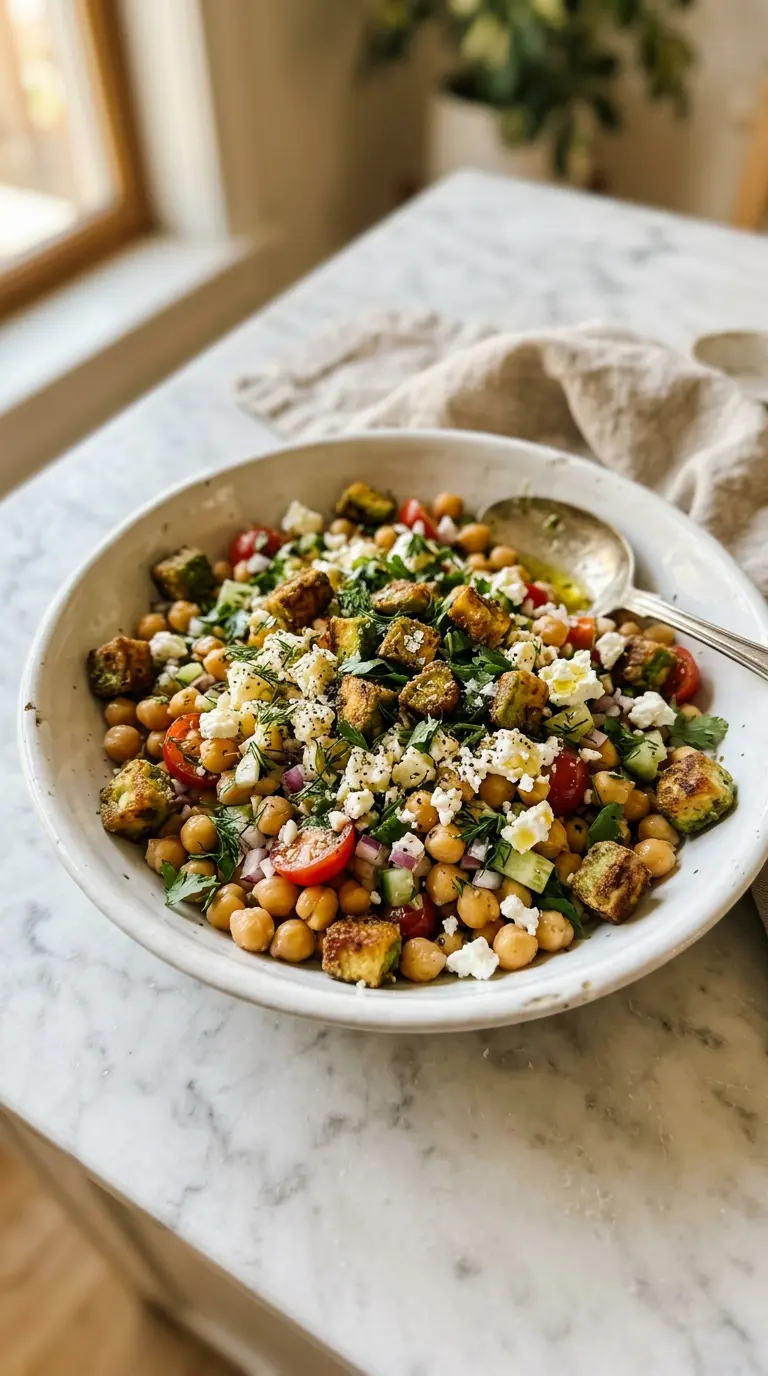 Overhead view of fresh chickpea feta avocado salad with diced vegetables and creamy avocado