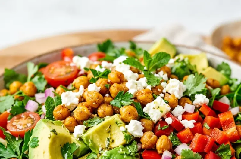 Pinterest pin image for easy chickpea feta avocado salad recipe