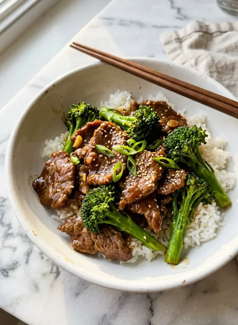 Chinese beef and broccoli with glossy sauce served over steamed rice in a white ceramic bowl