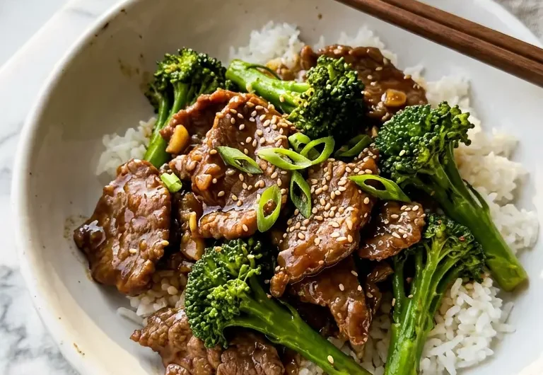 Chinese beef and broccoli with glossy sauce served over steamed rice in a white ceramic bowl