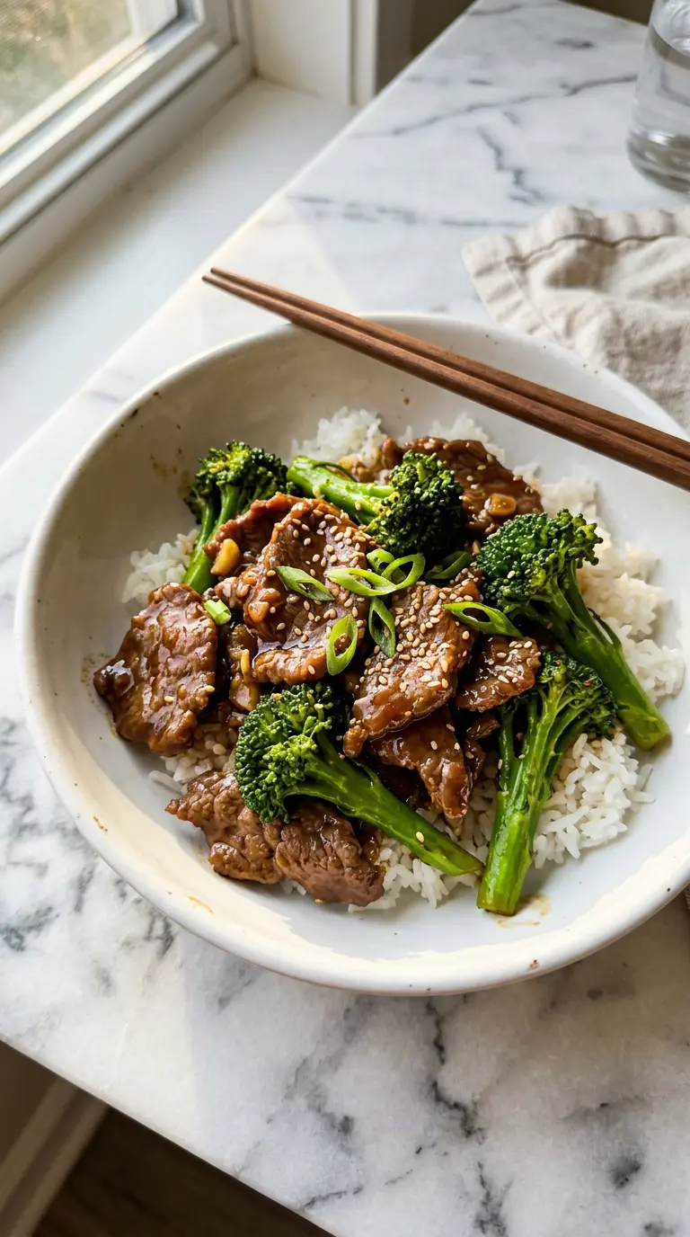 Chinese beef and broccoli with glossy sauce served over steamed rice in a white ceramic bowl