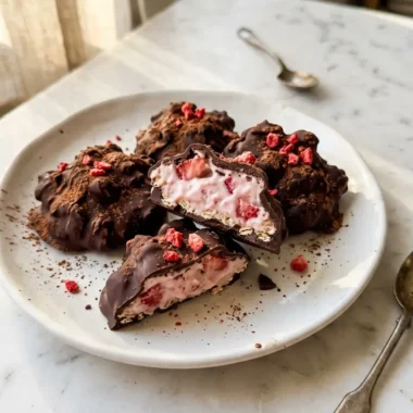 Chocolate strawberry yogurt clusters with creamy center visible on white plate