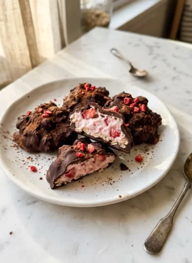 Chocolate strawberry yogurt clusters with creamy center visible on white plate