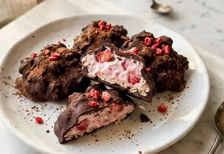 Chocolate strawberry yogurt clusters with creamy center visible on white plate