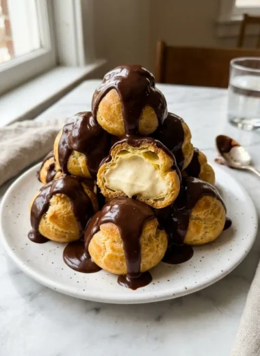 Classic French profiteroles stacked on white plate with chocolate ganache sauce dripping over vanilla cream filling