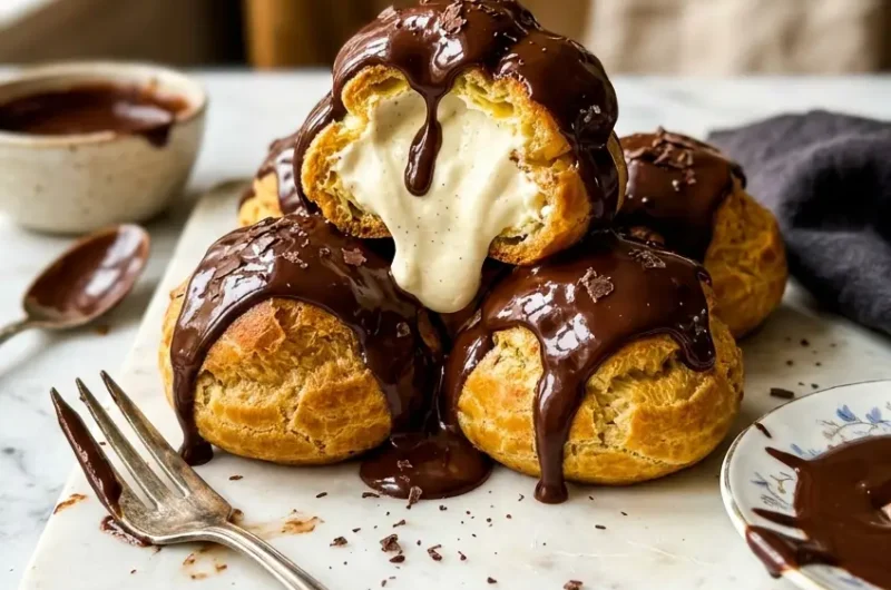 Pinterest pin image for classic French profiteroles with chocolate ganache and vanilla cream
