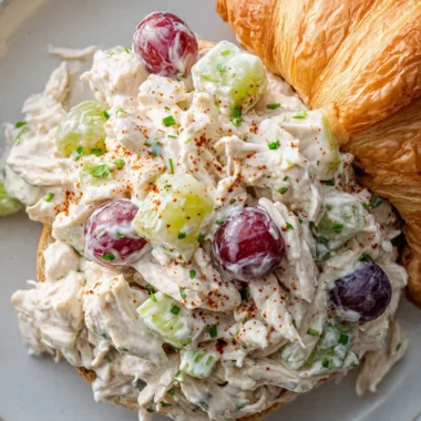 Close-up of classic protein chicken salad with shredded chicken, grapes, and celery served on a white plate next to a croissant.