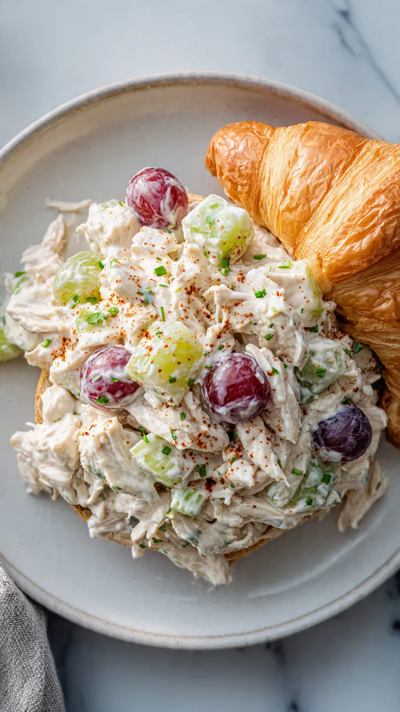 Close-up of classic protein chicken salad with shredded chicken, grapes, and celery served on a white plate next to a croissant.