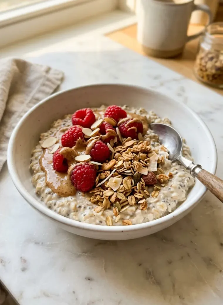Creamy colostrum overnight oats topped with raspberries, almond butter, and granola in a white bowl