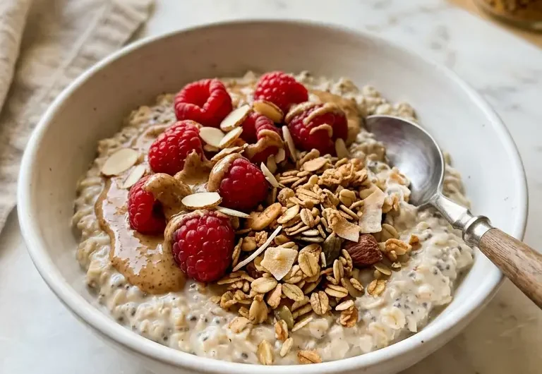 Creamy colostrum overnight oats topped with raspberries, almond butter, and granola in a white bowl