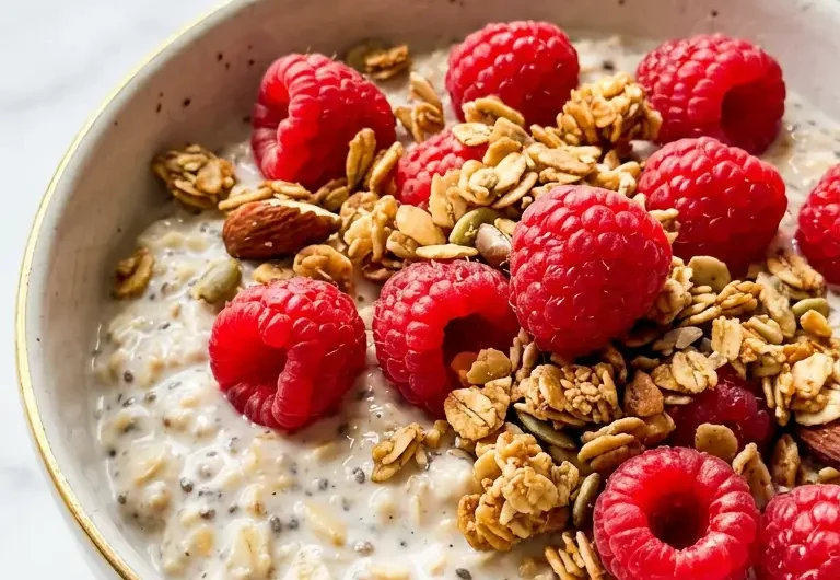 Pinterest pin image for creamy colostrum overnight oats recipe with raspberries and granola