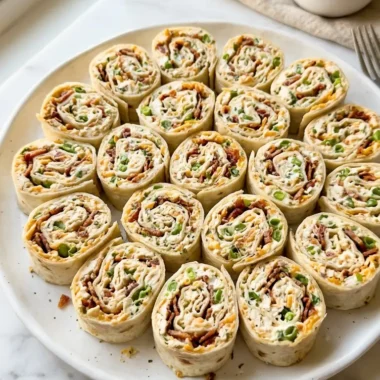 Close-up of crack chicken pinwheels arranged on a white ceramic platter showing creamy ranch swirls