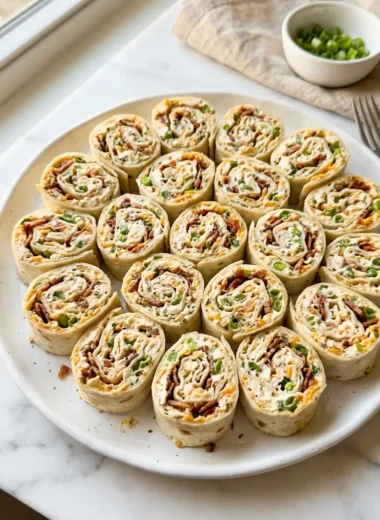Close-up of crack chicken pinwheels arranged on a white ceramic platter showing creamy ranch swirls