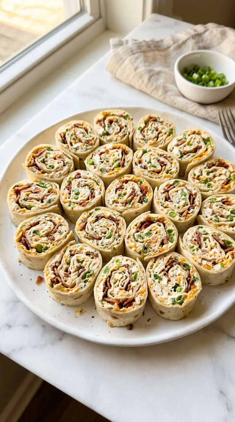 Close-up of crack chicken pinwheels arranged on a white ceramic platter showing creamy ranch swirls