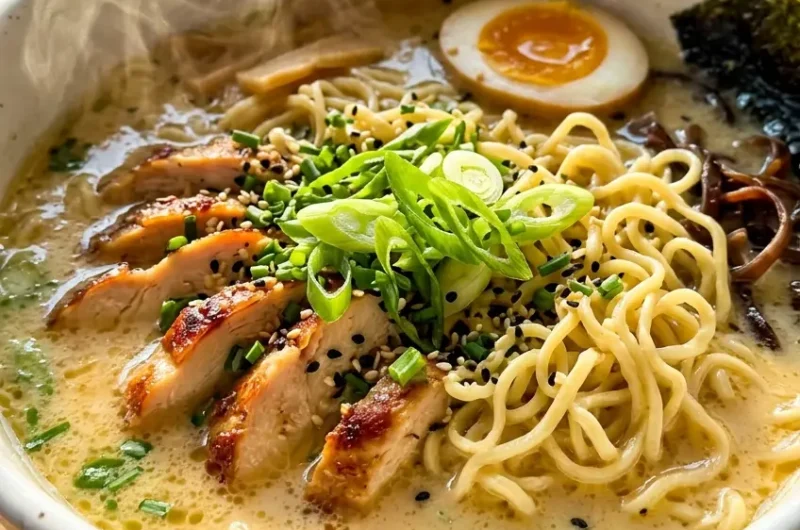 Pinterest pin image for creamy garlic chicken ramen in a white bowl with golden creamy broth