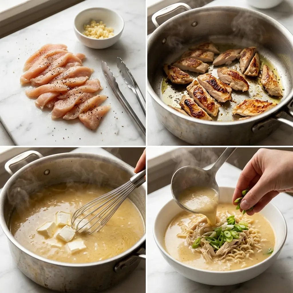 4-step cooking process collage for creamy garlic chicken ramen showing seasoning, searing, building the creamy broth, and serving