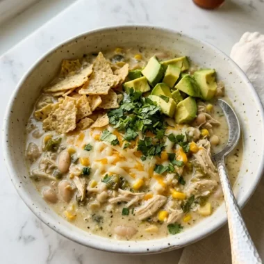 Bowl of creamy white chicken chili topped with avocado cilantro and cheese on white marble surface
