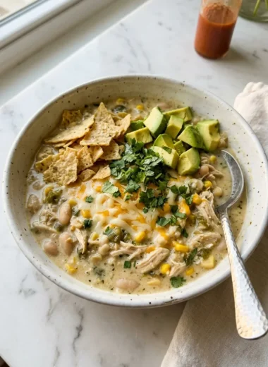 Bowl of creamy white chicken chili topped with avocado cilantro and cheese on white marble surface